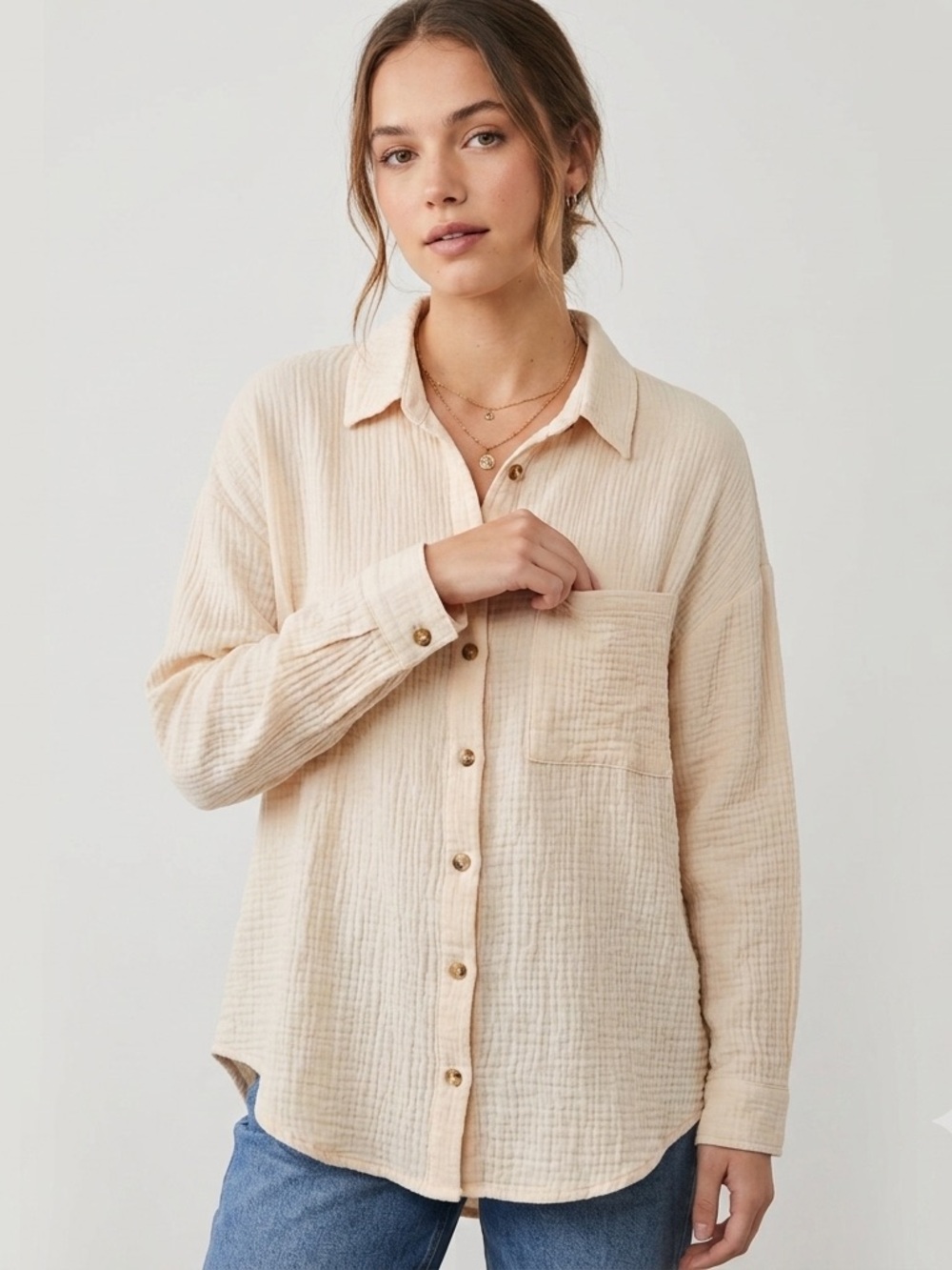 Altar'd State Cream Gauzy Muslin Button-Up Long Sleeve Shirt. 100% Cotton. Large